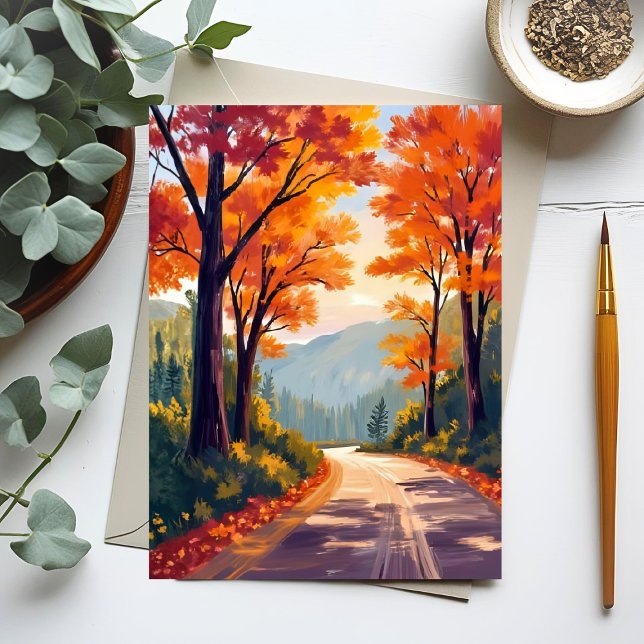 Autumn Road | Watercolor Fall Foliage Leaves Card (Skapare uppladdad)