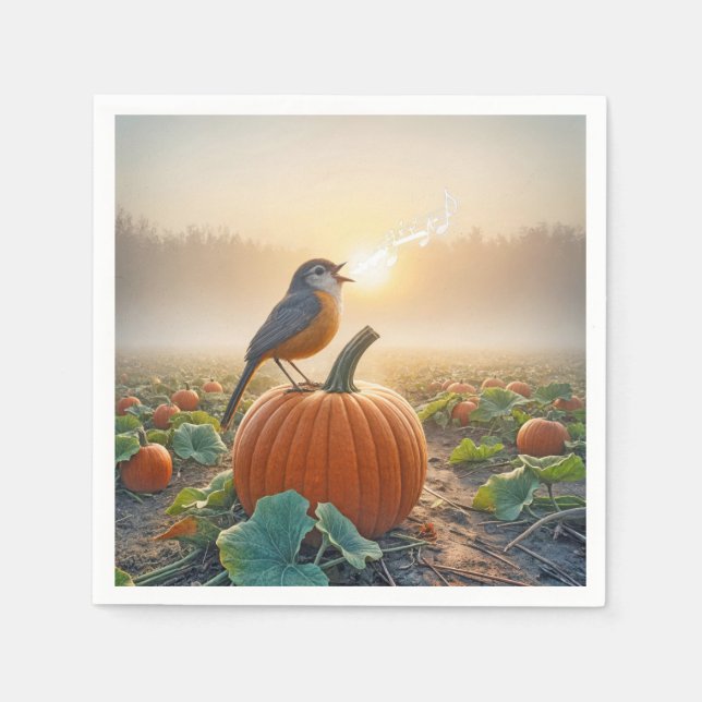 Autumn Robin Singing på en Pumpkin Pappersservett (Framsidan)