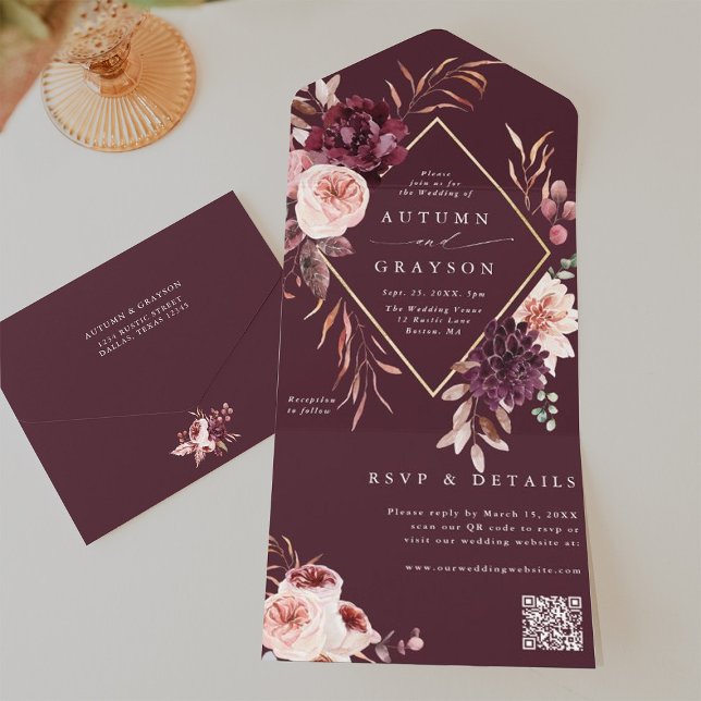 Autumn Romantik Guld Geometric Bröllop QR-kod (Inside & Back)