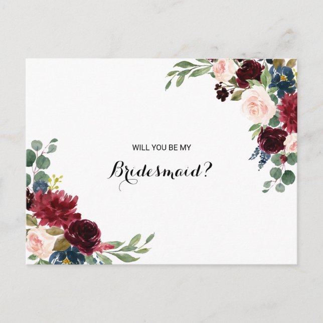 Autumn Rustic Dazzling Burgundy Bridesmaid Inbjudan Vykort (Framsida)