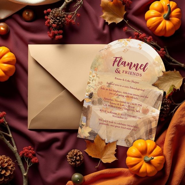 Autumn Scene Flannel & Friends Brown Friendsgiving Inbjudningar (Cozy Autumn Scene Flannel & Friends Brown Tones Friendsgiving Party Invitation Cards.)