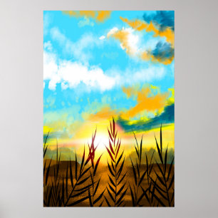 Autumn Scenery Wheat Fält Sunset Poster