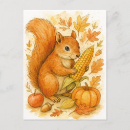Autumn Squirrel with Corn Thanksgiving Postcard Helg Vykort