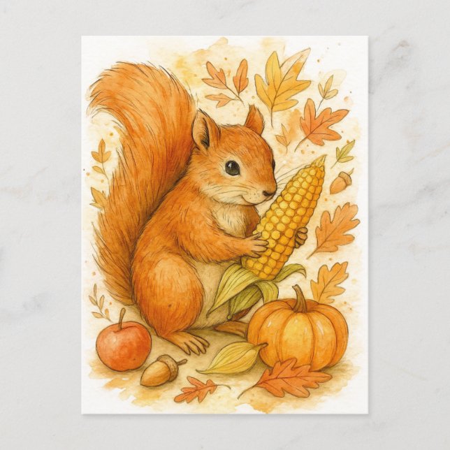 Autumn Squirrel with Corn Thanksgiving Postcard Helg Vykort (Framsida)
