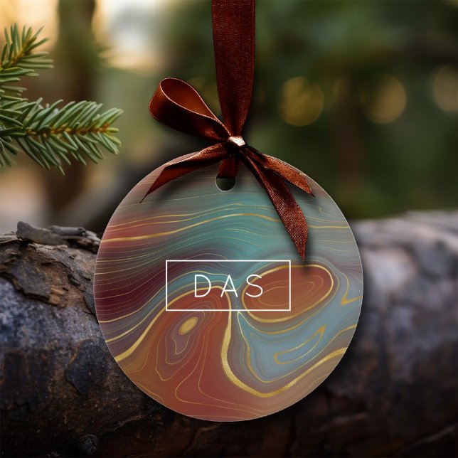 Autumn Strata | Terra Cotta Teal och Guld Agate Julgransprydnad Keramik (Skapare uppladdad)