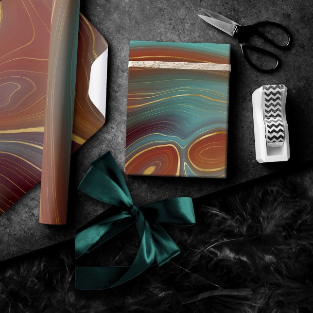 Autumn Strata | Terra Cotta Teal och Guld Agate Presentpapper (Skapare uppladdad)