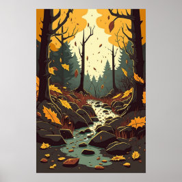 Autumn Stream i Skogen Orange Brown Grönt Poster