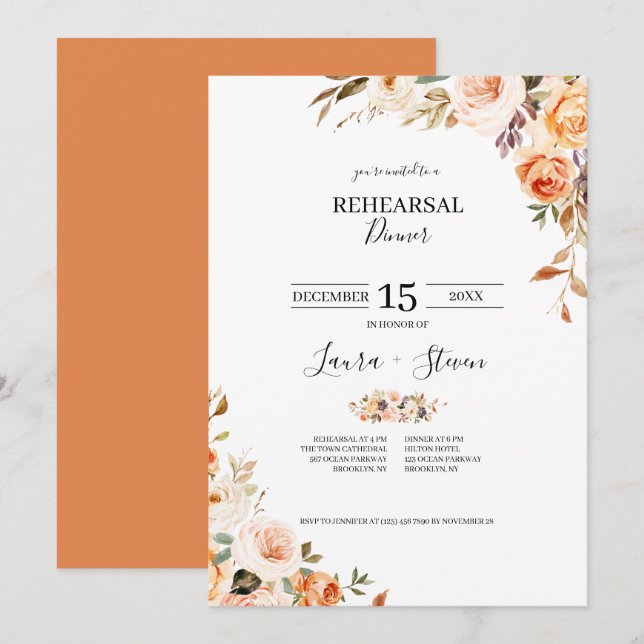 Autumn Terracotta Orange Flowers Rehearsal Dinner (Fram/baksida)