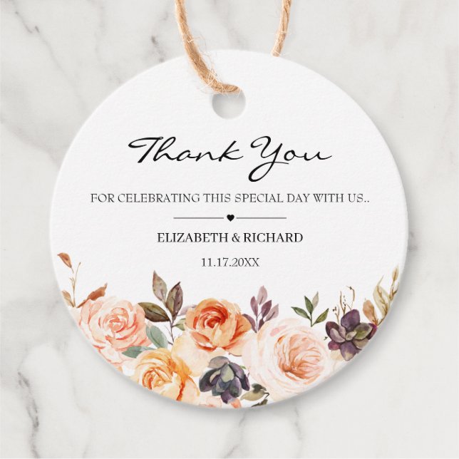 Autumn Terracotta Orange Guld Flowers Bröllop Gåvor Etiketter (Framsida)