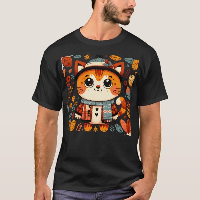 Autumn Thanksgiving Funny cat Fall T Shirt (Framsida)