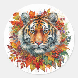 Autumn Tiger Face Among Fall Leaves Runt Klistermärke