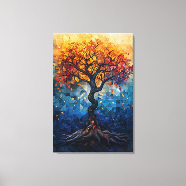 Autumn Tree Mosaic Geometric Glow Art Canvastryck (Framsida)