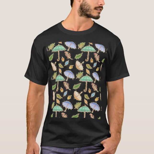 Autumn Umbrella Pattern HandDrawn Fall Leaves and  T Shirt (Framsida)