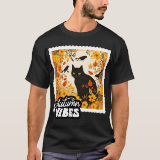 Autumn Vibes Black Cat Sunflowers and Fall Birds T Shirt