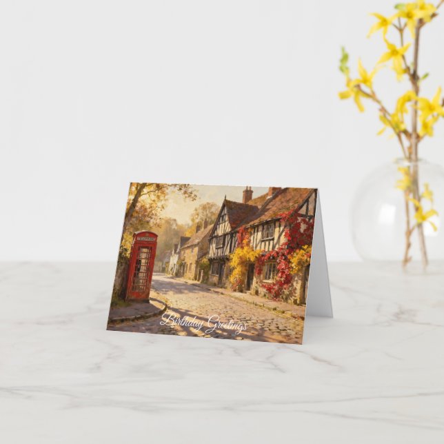 Autumn Village Scene in Golden Light Greeting Card Kort (Gul blomma)