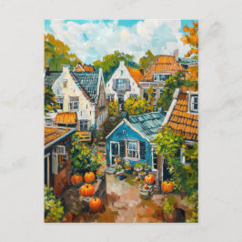 Autumn Village with Pumpkins and Cottages Painting Vykort