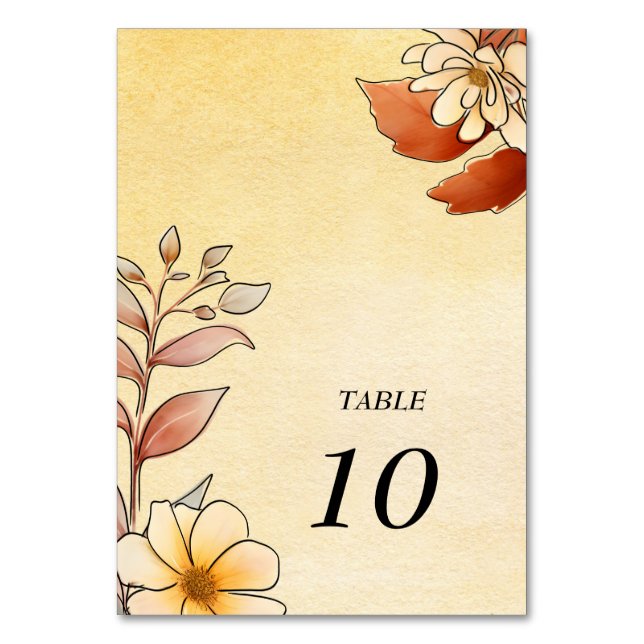 Autumn Watercolor Blommigt Terracotta Gult Bröllop Bordsnummer (Framsidan)