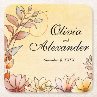 Autumn Watercolor Blommigt Terracotta Gult Bröllop Underlägg Papper Kvadrat