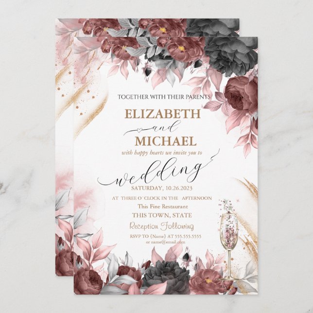 Autumn Watercolor Flowers Champagne Glass Bröllop Inbjudningar (Fram/baksida)