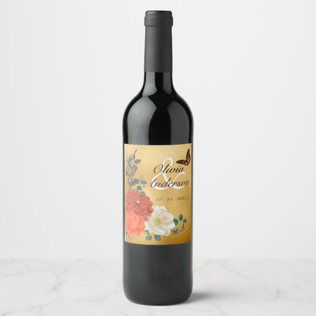 Autumn Wedding Floral Butterfly Beverage Label Set Vinflaska Etikett (Framsida)