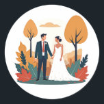 Autumn Wedding Sticker Runt Klistermärke<br><div class="desc">Elegant sticker featuring a loving couple in wedding attire surrounded by vibrant autumn leaves,  perfect for wedding decor or sentimental keepsakes.</div>