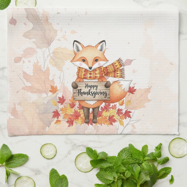 Autumn Whimsy – Thanksgiving Fox with Fall Leaves  Kökshandduk (Vikta)