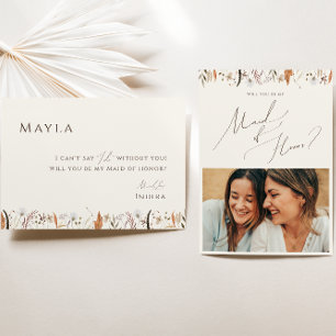 Autumn Wildblomige Beige Photo Maid of honor Card Inbjudningar