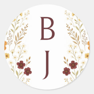 Autumn WildblommBoho Monogram Bröllop Runt Klistermärke