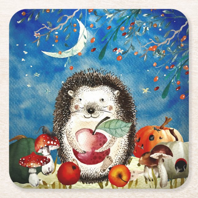 Autumn Woodland Friends Hedgehog Forest Teckning Underlägg Papper Kvadrat (Framsidan)