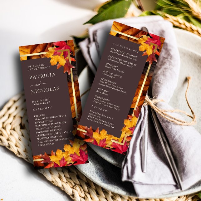 Autumn Woody Brown & Elegant Golden ram Bröllop Program (Skapare uppladdad)