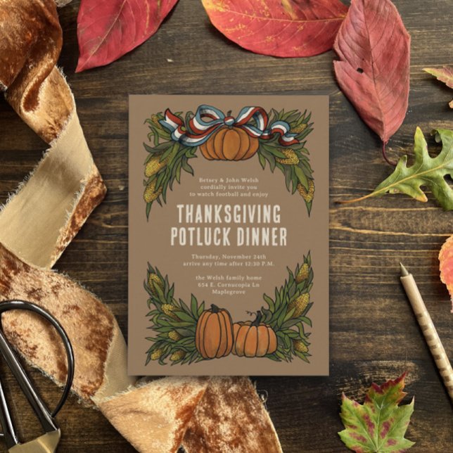 Autumnal Americana Harvest Thanksgiving Inbjudningar (brown thanksgiving dinner invitation with Americana red white and blue ribbon bow pumpkins and corn)