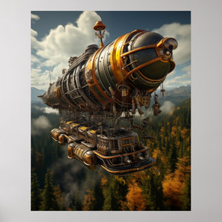 Autumnal Äventyr Steampunk Zeppelin över Forest Poster
