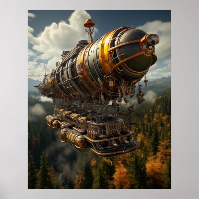 Autumnal Äventyr Steampunk Zeppelin över Forest Poster (Framsidan)