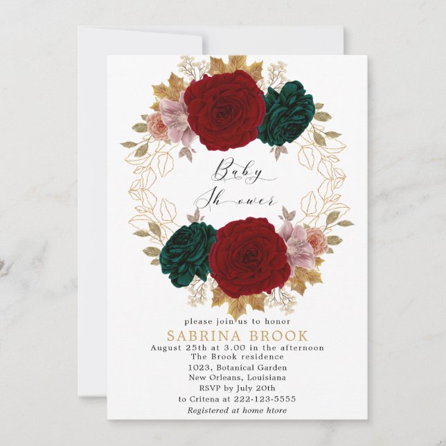 Autumnal Burgundy Emerald Greeny Baby Shower Inbjudningar (Framsida)