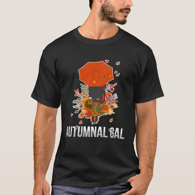 Autumnal Gal Fall Girl with Umbrella T Shirt (Framsida)