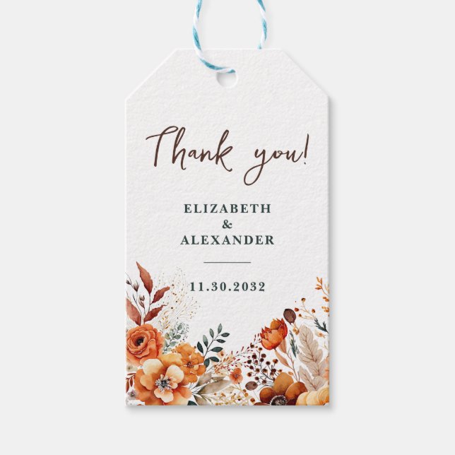 Autumnal wedding warm botanical names and date presentetikett (Framsidan)