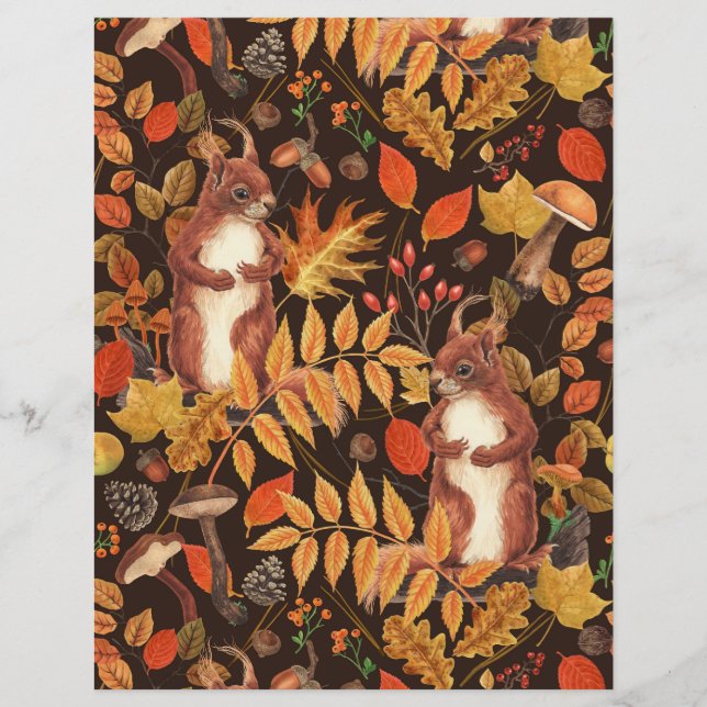 Autumnala ekorrar och flora på mörk bruna (Framsida)