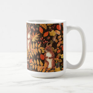 Autumnala ekorrar och flora på mörk bruna kaffemugg