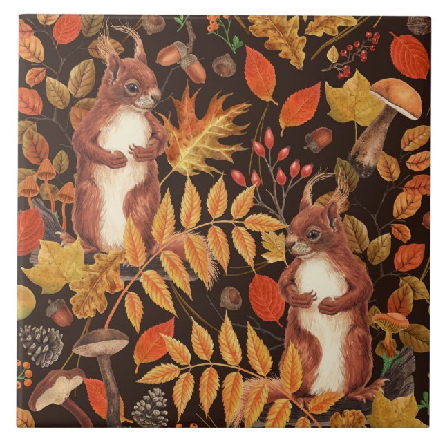 Autumnala ekorrar och flora på mörk bruna kakelplatta (Framsidan)