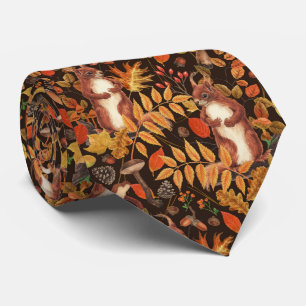 Autumnala ekorrar och flora på mörk bruna slips
