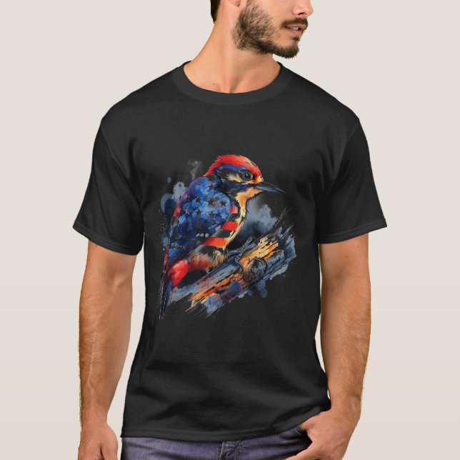 av den 2 juli Woodpecker Bird Älskare USA flagga P T Shirt (Framsida)