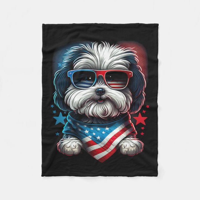 AV Juli Patriotic Havanese Hund US Flagga Fleecefilt (Framsidan)