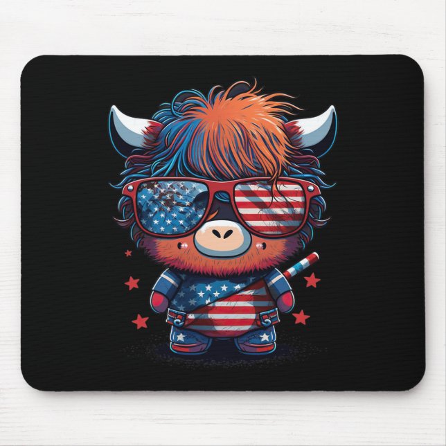 Av juli: Patriotic Scottish Highland Cow US Flag Musmatta (Framsidan)