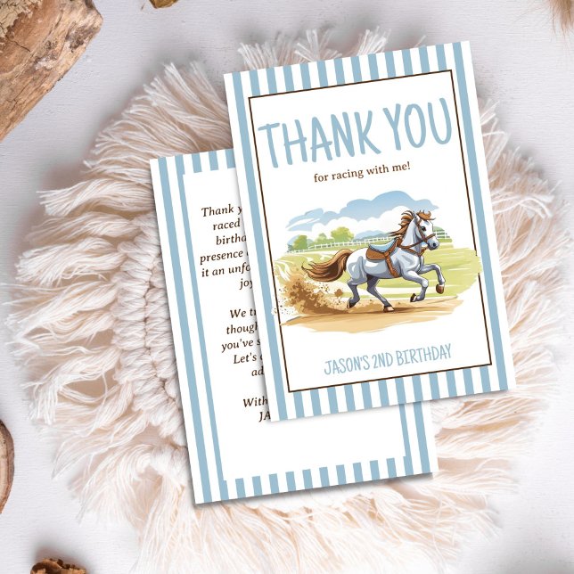 Av två ridderfödelsedag för häst från tävling tack kort (Off two the races horse equestrian derby birthday party thank you cards cute racing pony boys party)