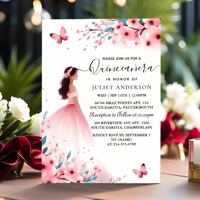 Av Wood Träd Rosa Girly Cherry Blommar Quinceanera Inbjudningar (Skapare uppladdad)