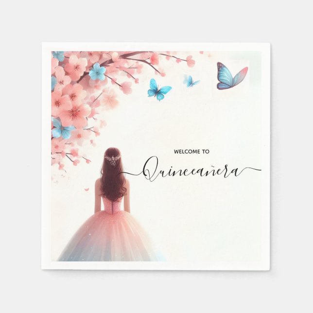 Av Wood Träd Rosa Girly Cherry Blommar Quinceanera Pappersservett (Framsidan)