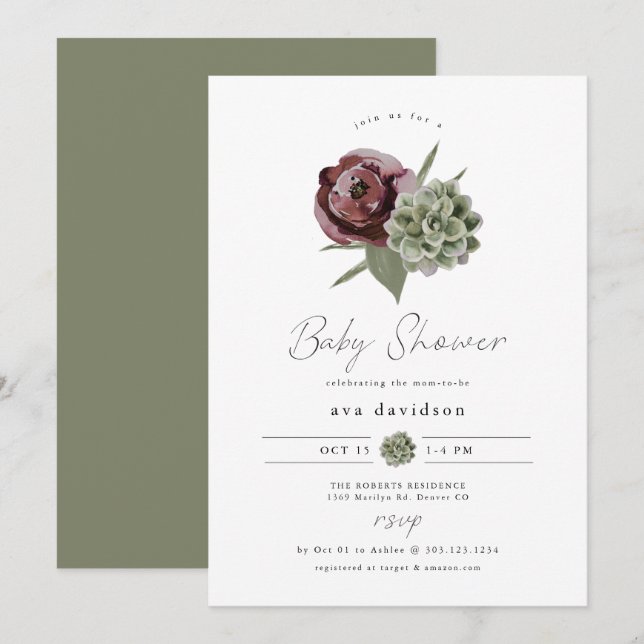 AVA Burgundy Blommigt Succulent Desert Baby Shower Inbjudningar (Fram/baksida)