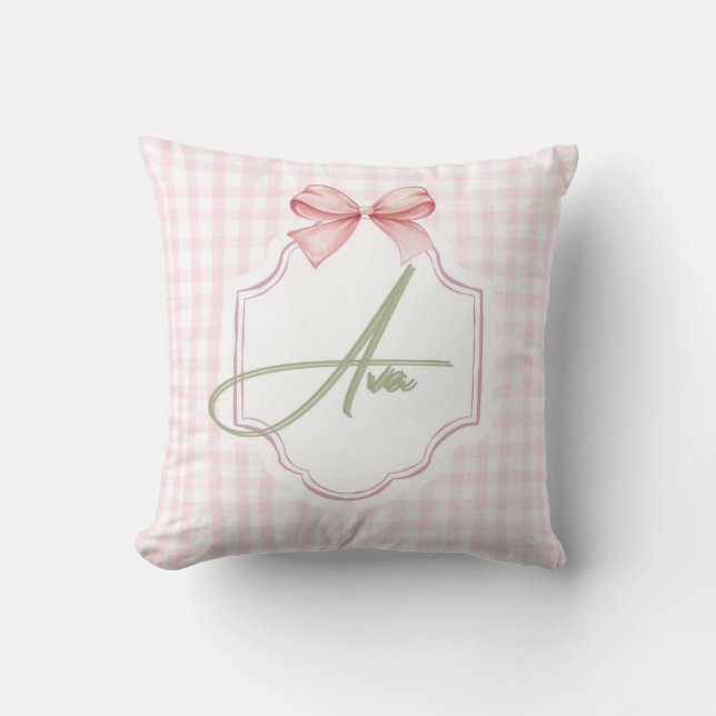 Ava Personlig Rosa Bow & Gingham Skriv ut Kudde (Framsida)