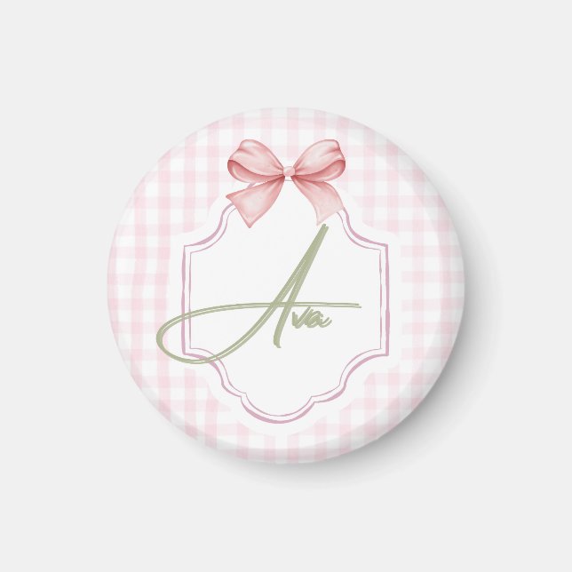 Ava Personlig Rosa Bow & Gingham Skriv ut Magnet (Framsidan)