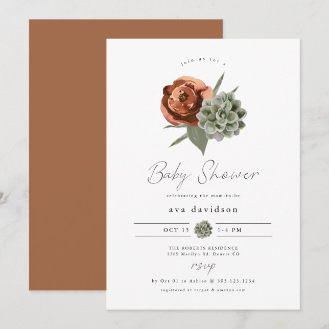 AVA Terracotta Blommigt Succulent Fall Baby Shower Inbjudningar (Fram/baksida)